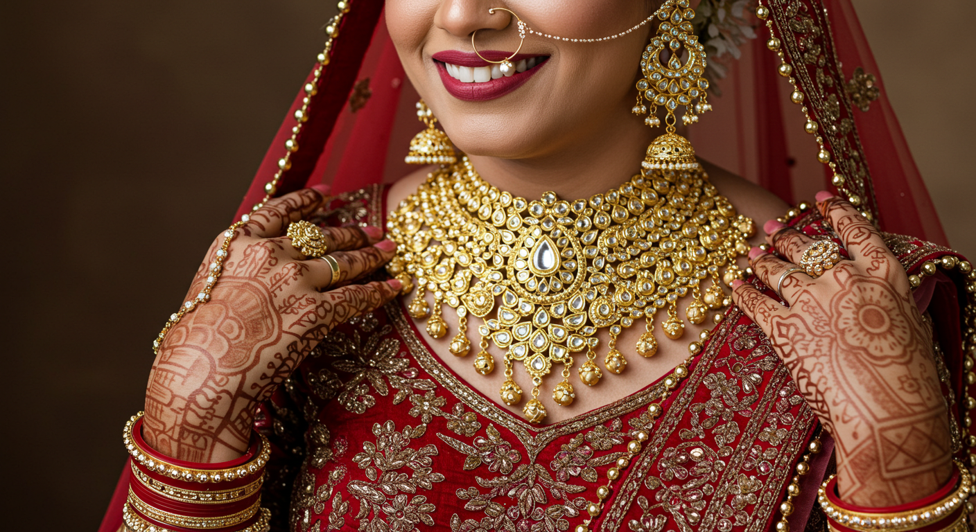 A Desi bride adorned with traditional jewelry and bridal attire