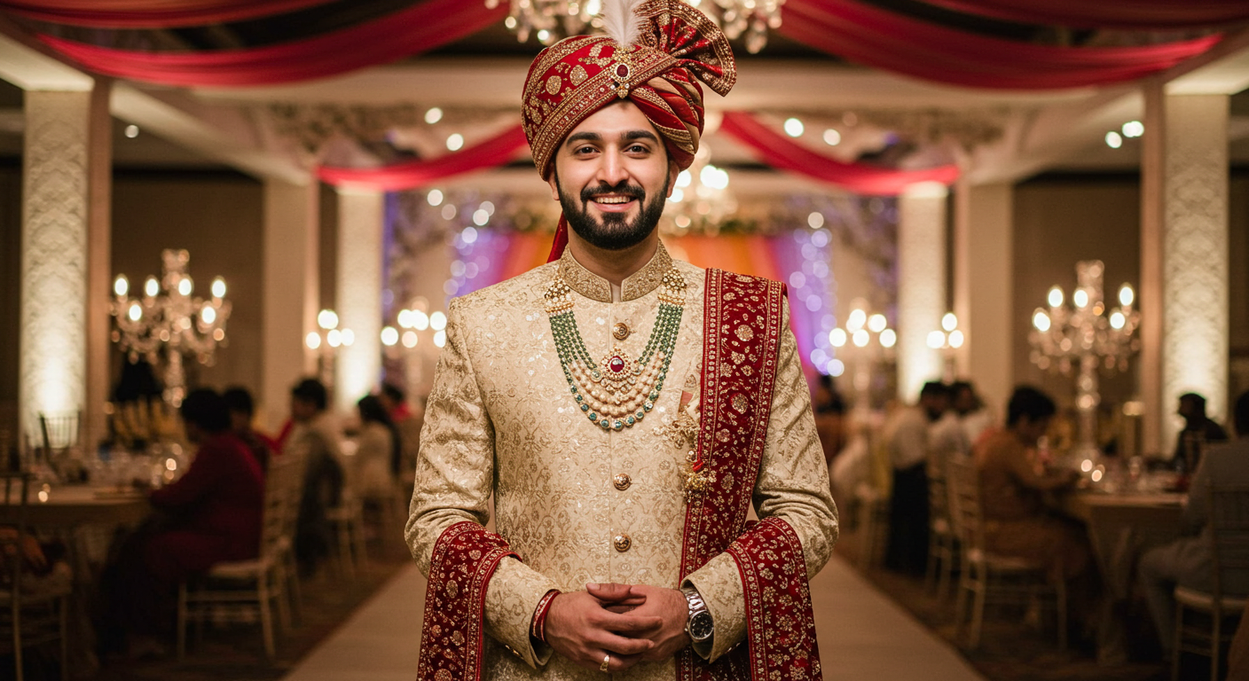 An Indian or Pakistani groom dressed in traditional wedding attire