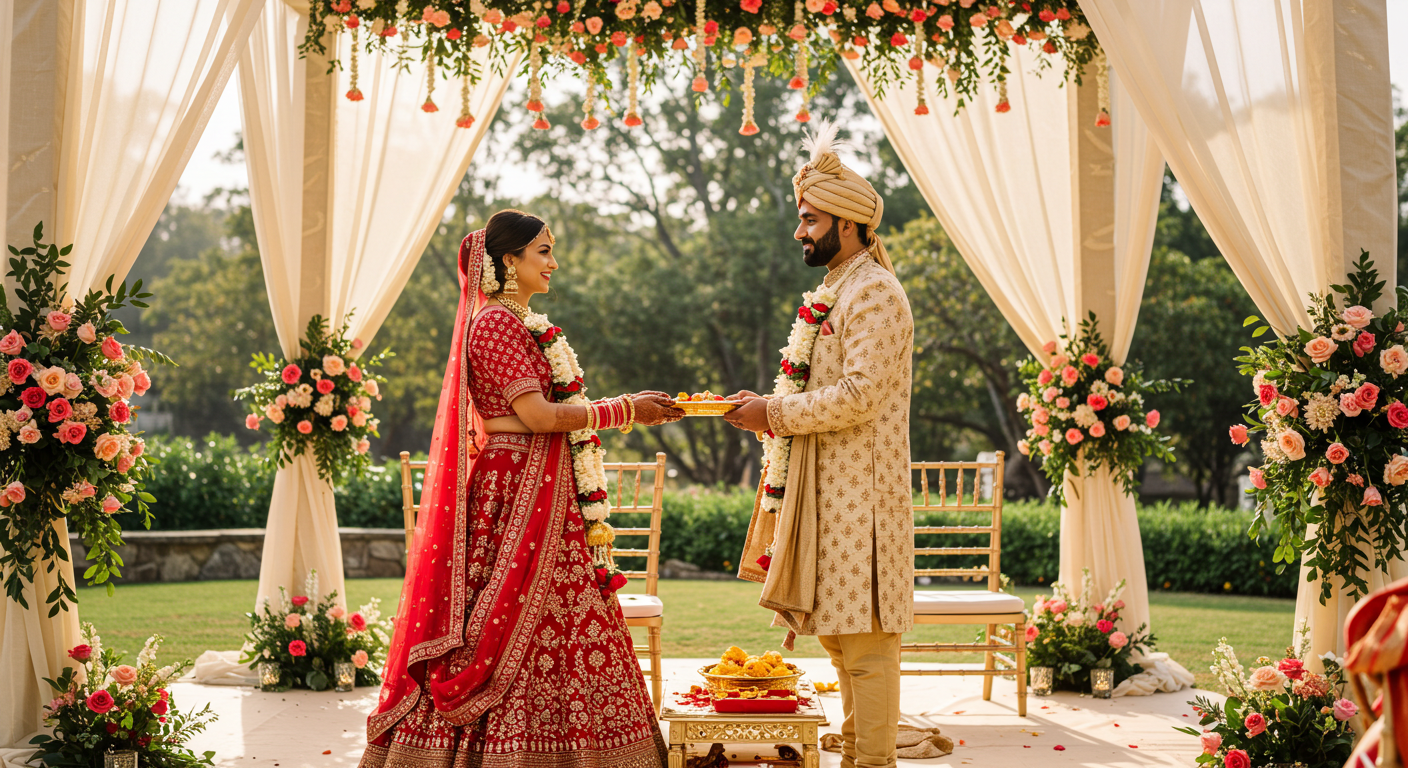 An Indian Bride and Groom at a Traditional Wedding Ceremony